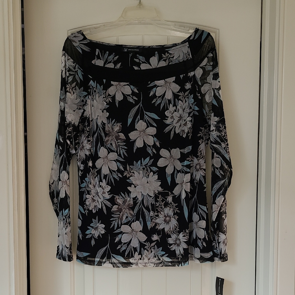 INC International Concepts Black and Gray Floral Blouse